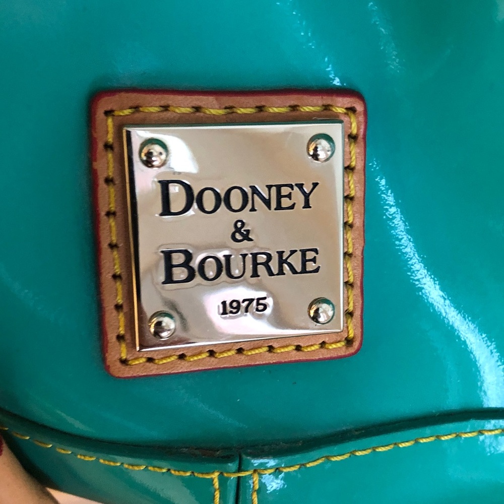 Dooney & Bourke Teal Patent Leather Drawstring Bucket Bag with Tan Trim - Picture 3 of 16